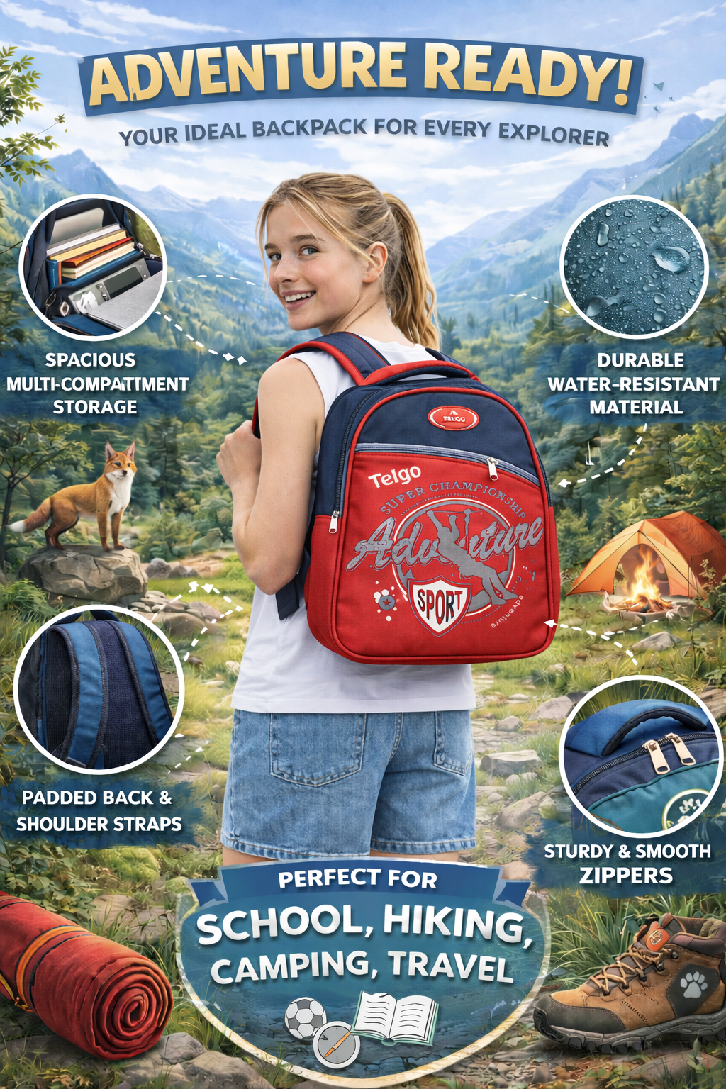 Telgo Adventure Red Sport Backpack for Boys & Girls